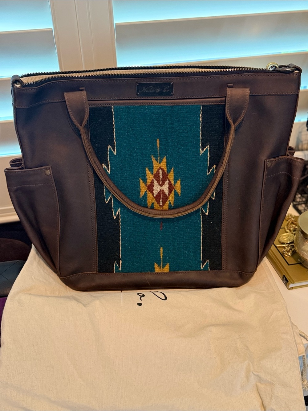 Nena & Co. Genuine Leather Convertible Tote / Backpack Teal Southwestern Panel